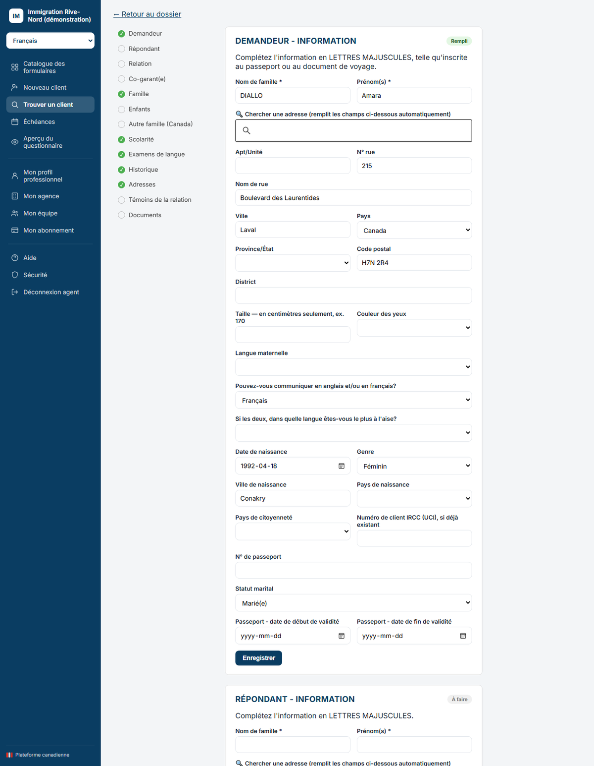 Le questionnaire rempli, avec la progression par section.